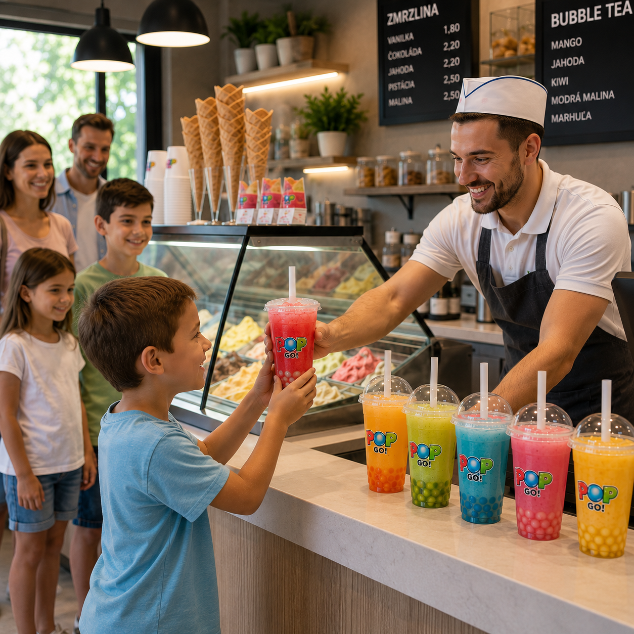 Obsluha podáva Bubble Tea zákazníkovi v modernej gastro prevádzke.