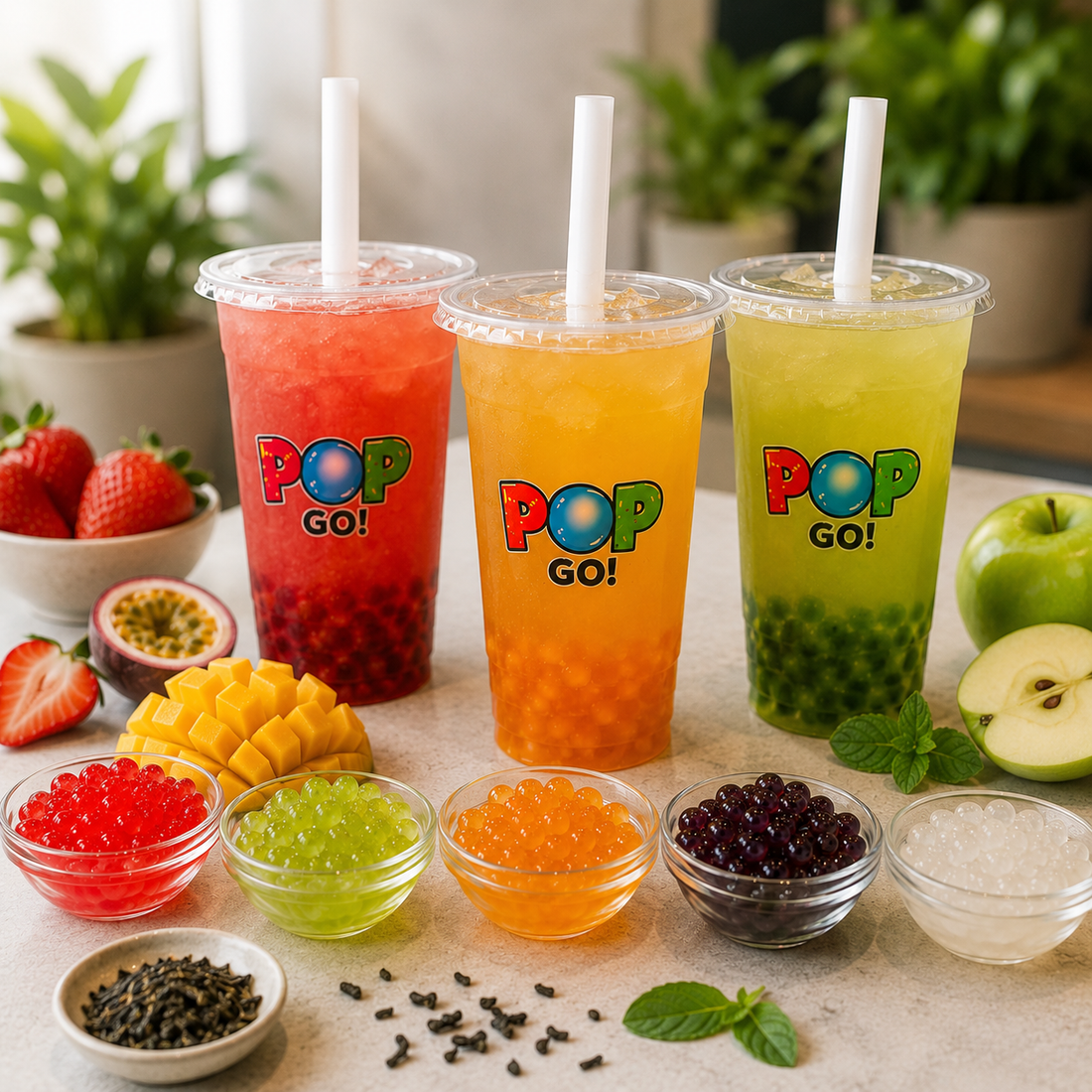 Bubble Tea s ovocnými praskajúcimi guličkami, zeleným čajom a rôznymi príchuťami.