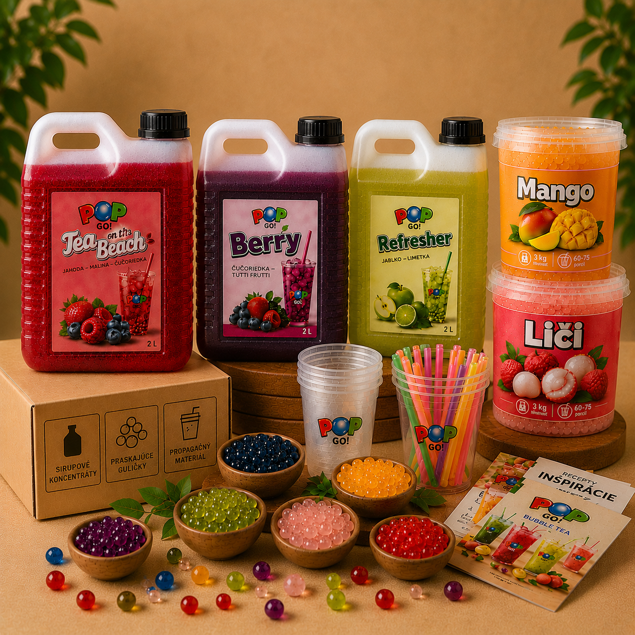 Bubble Tea set pre B2B s koncentrátmi, praskajúcimi guličkami, pohármi a príslušenstvom pre gastro prevádzky.