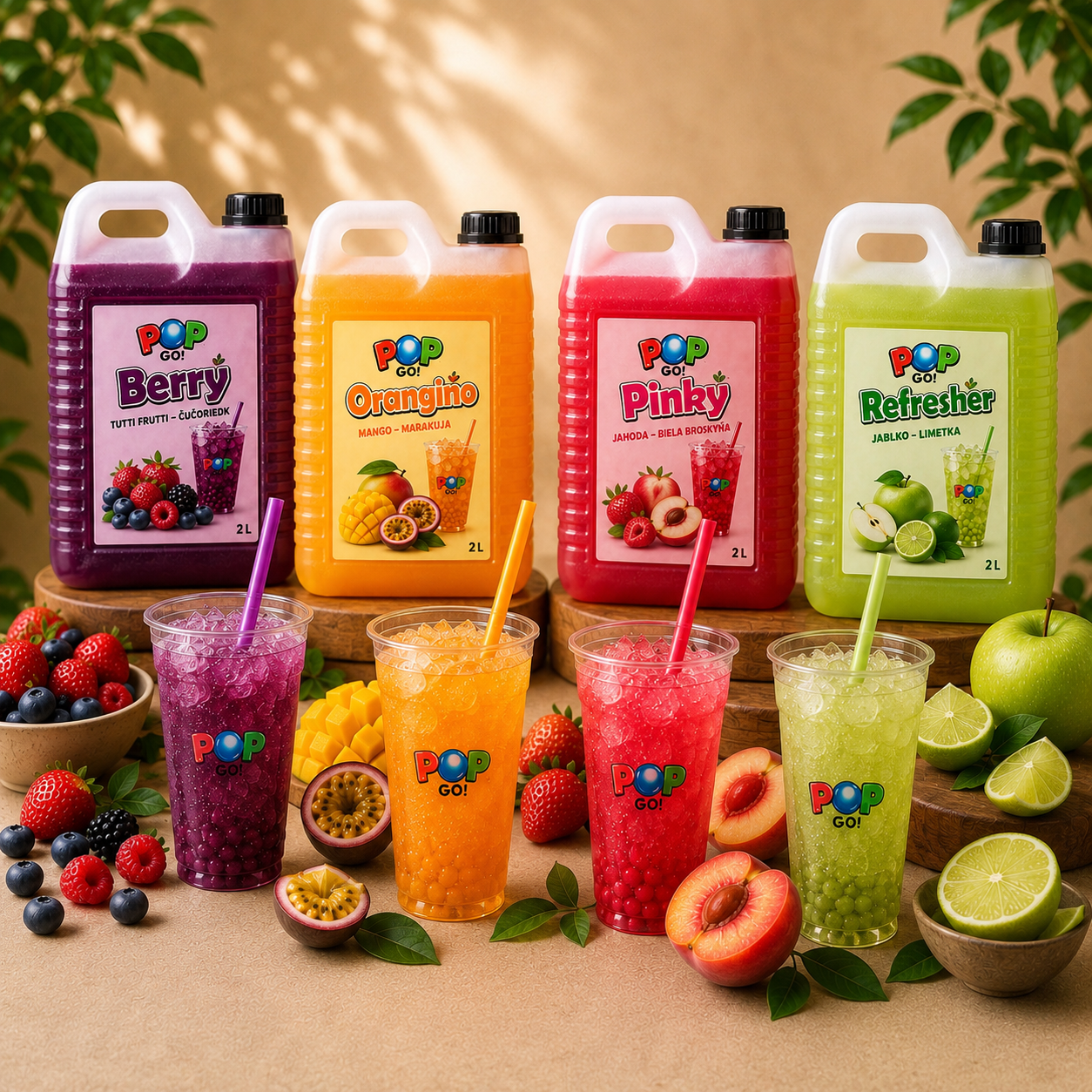 Sirupové koncentráty na Bubble Tea v rôznych ovocných príchutiach s pripravenými farebnými nápojmi.