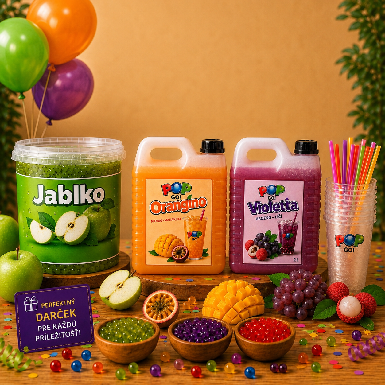 Bubble Tea set na doma s koncentrátmi, praskajúcimi guličkami a príslušenstvom na jednoduchú prípravu Bubble Tea.“