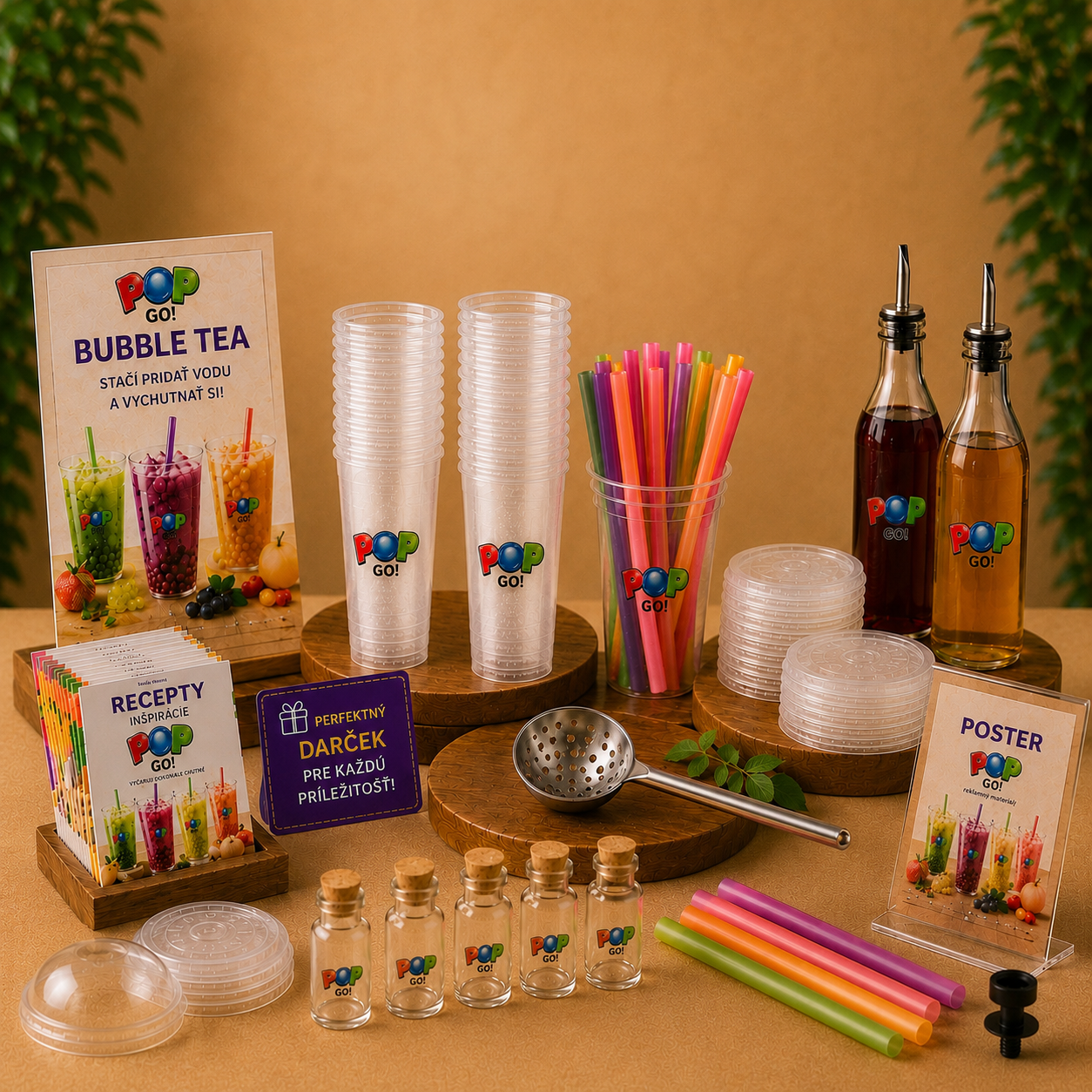 Príslušenstvo na prípravu Bubble Tea vrátane pohárov, slamiek, odmeriek a barového vybavenia.