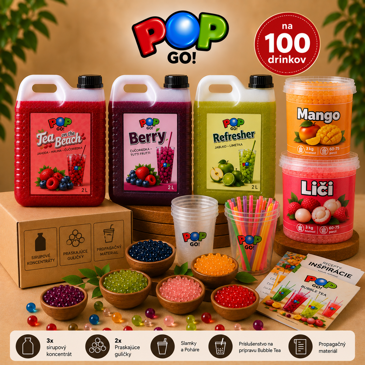 Bubble Tea Set PRO pre 100 nápojov s koncentrátmi, praskajúcimi guličkami a kompletným príslušenstvom.