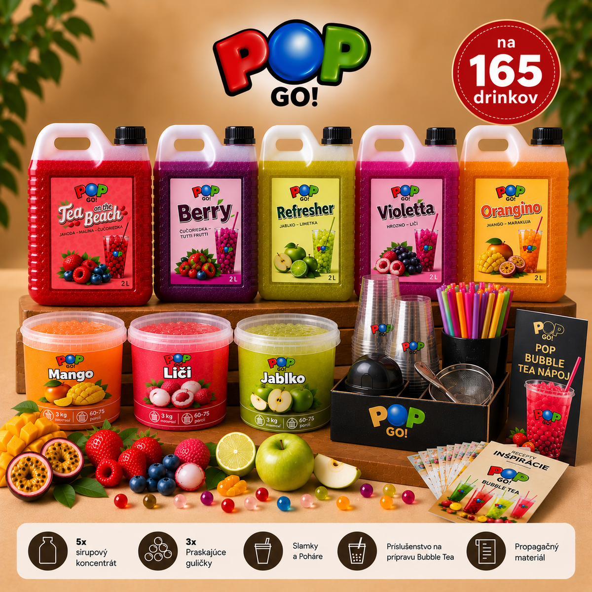 Bubble Tea Set PRO pre 165 nápojov s koncentrátmi, praskajúcimi guličkami a kompletným príslušenstvom.