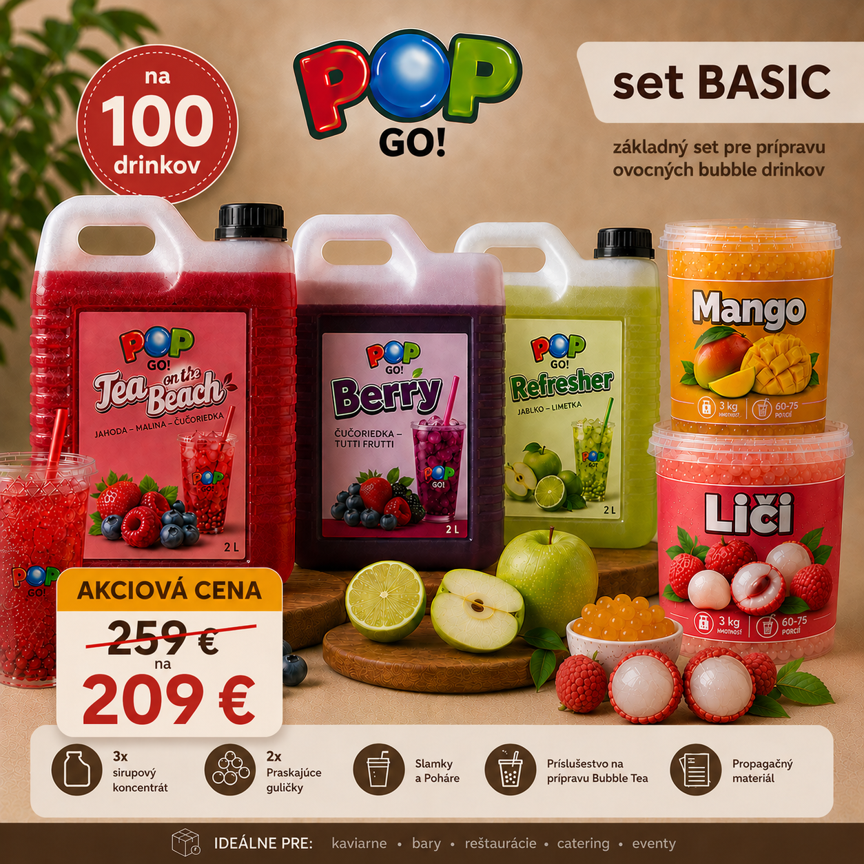 Bubble Tea Set BASIC pre 100 nápojov s koncentrátmi, praskajúcimi guličkami a príslušenstvom na prípravu Bubble Tea.