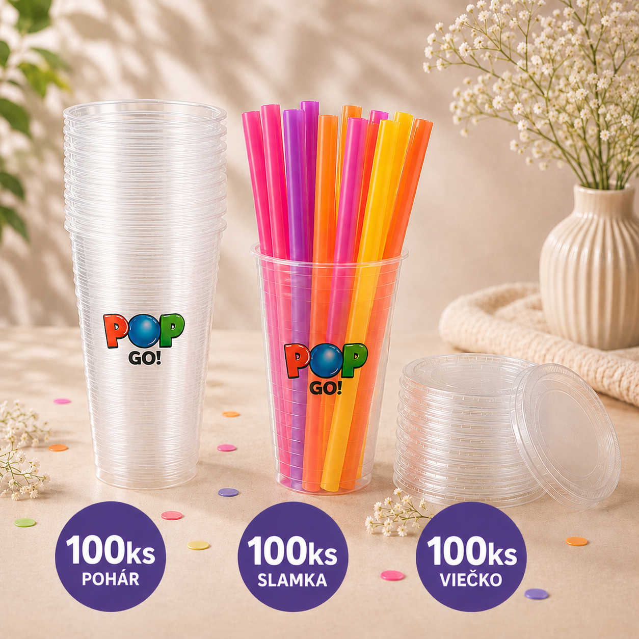 Sada 100 pohárov, 100 širokých slamiek a 100 viečok na prípravu Bubble Tea.