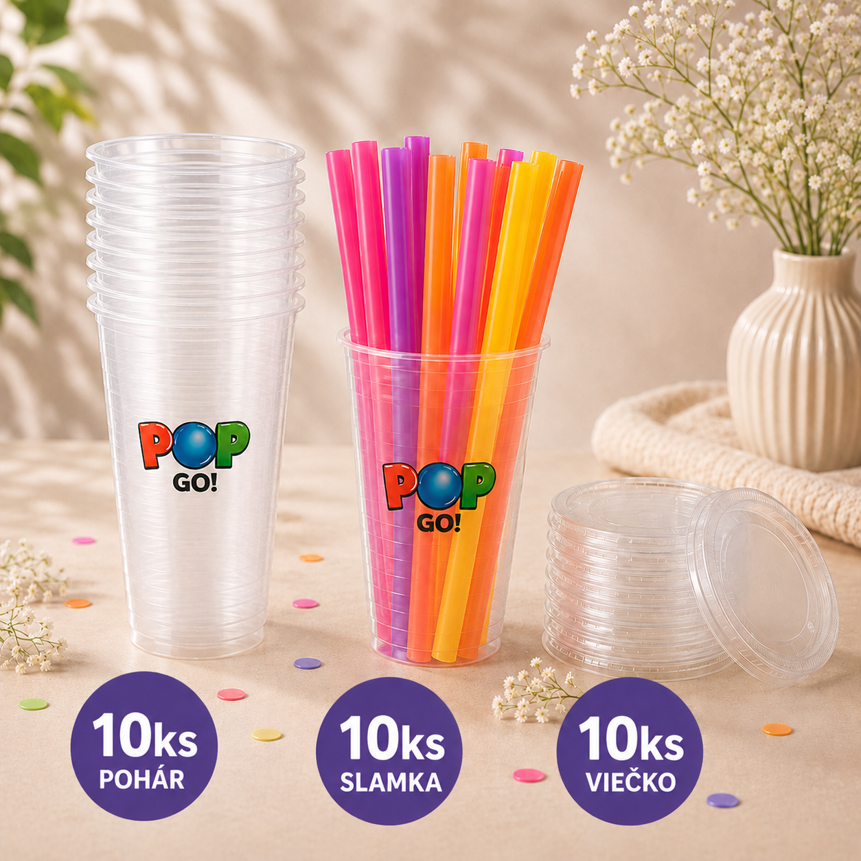 Sada 10 pohárov, 10 širokých slamiek a 10 viečok na prípravu Bubble Tea.