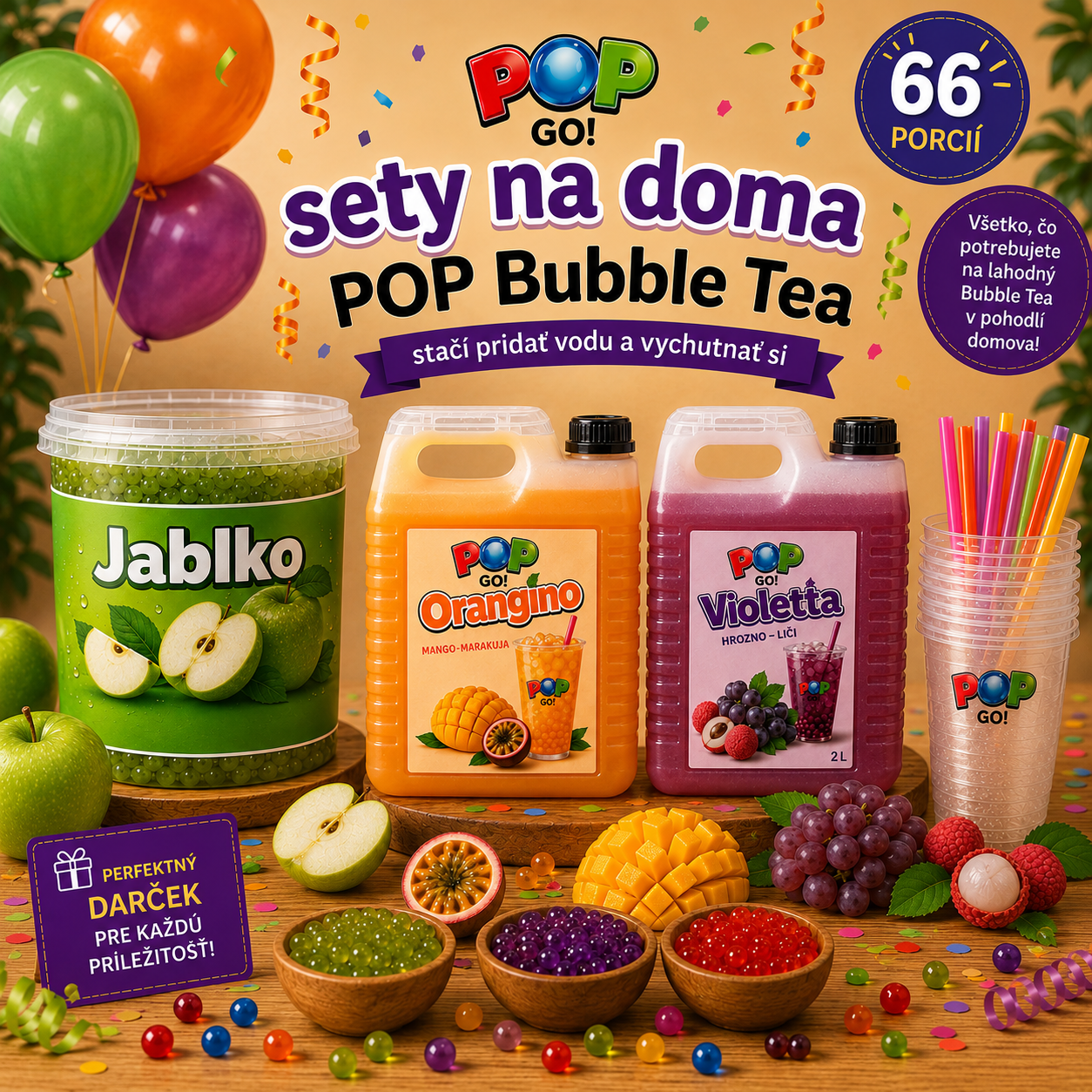 Bubble Tea set na doma pre 66 porcií s koncentrátmi, praskajúcimi guličkami a príslušenstvom.