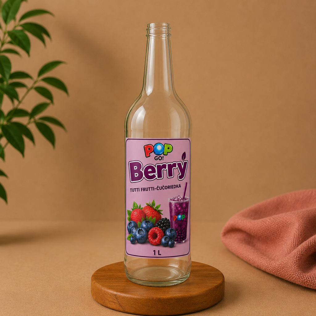 Sklenená fľaša 1000 ml s nálepkou BERRY pre Bubble Tea koncentrát.