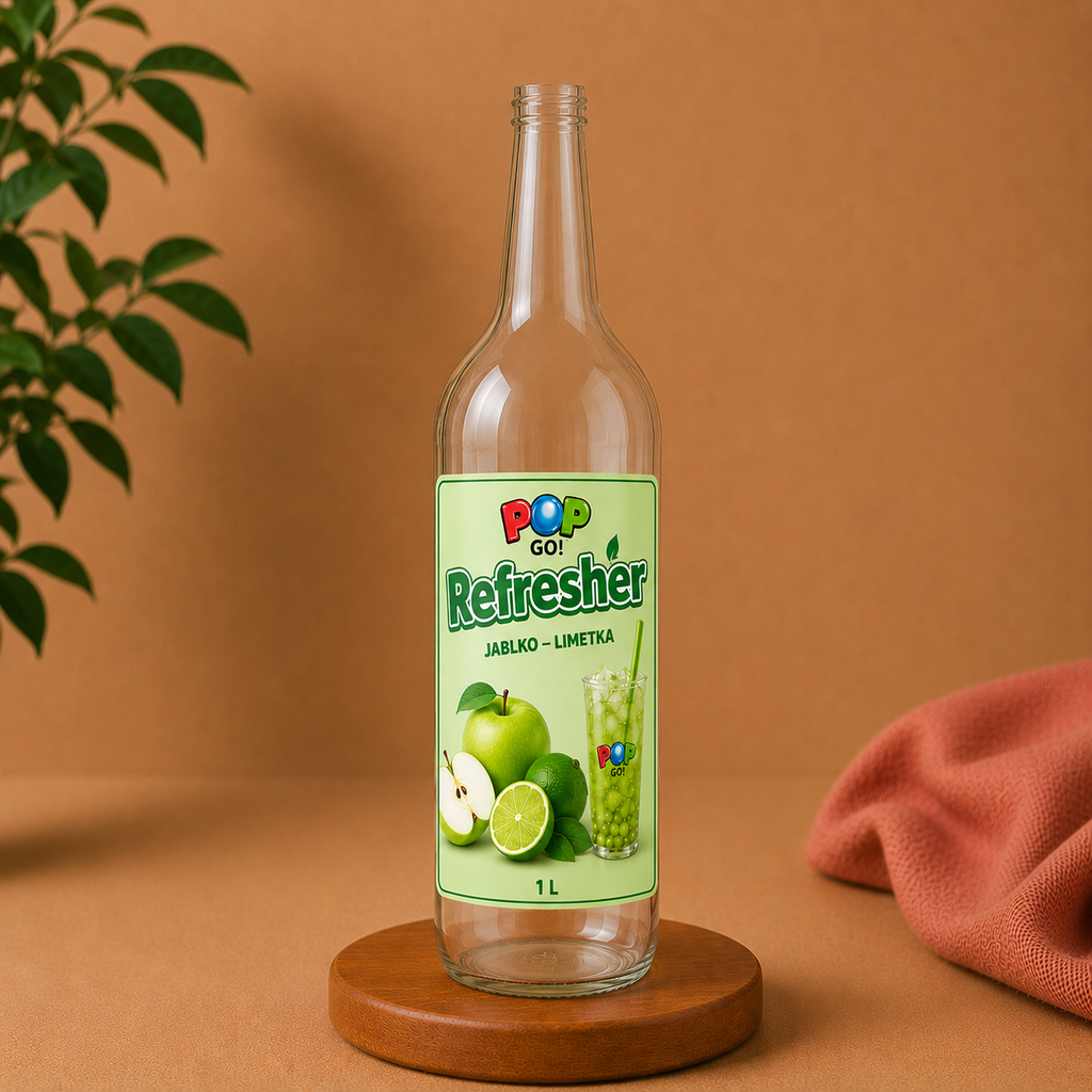 Sklenená fľaša 1000 ml s nálepkou REFRESHER pre Bubble Tea koncentrát.
