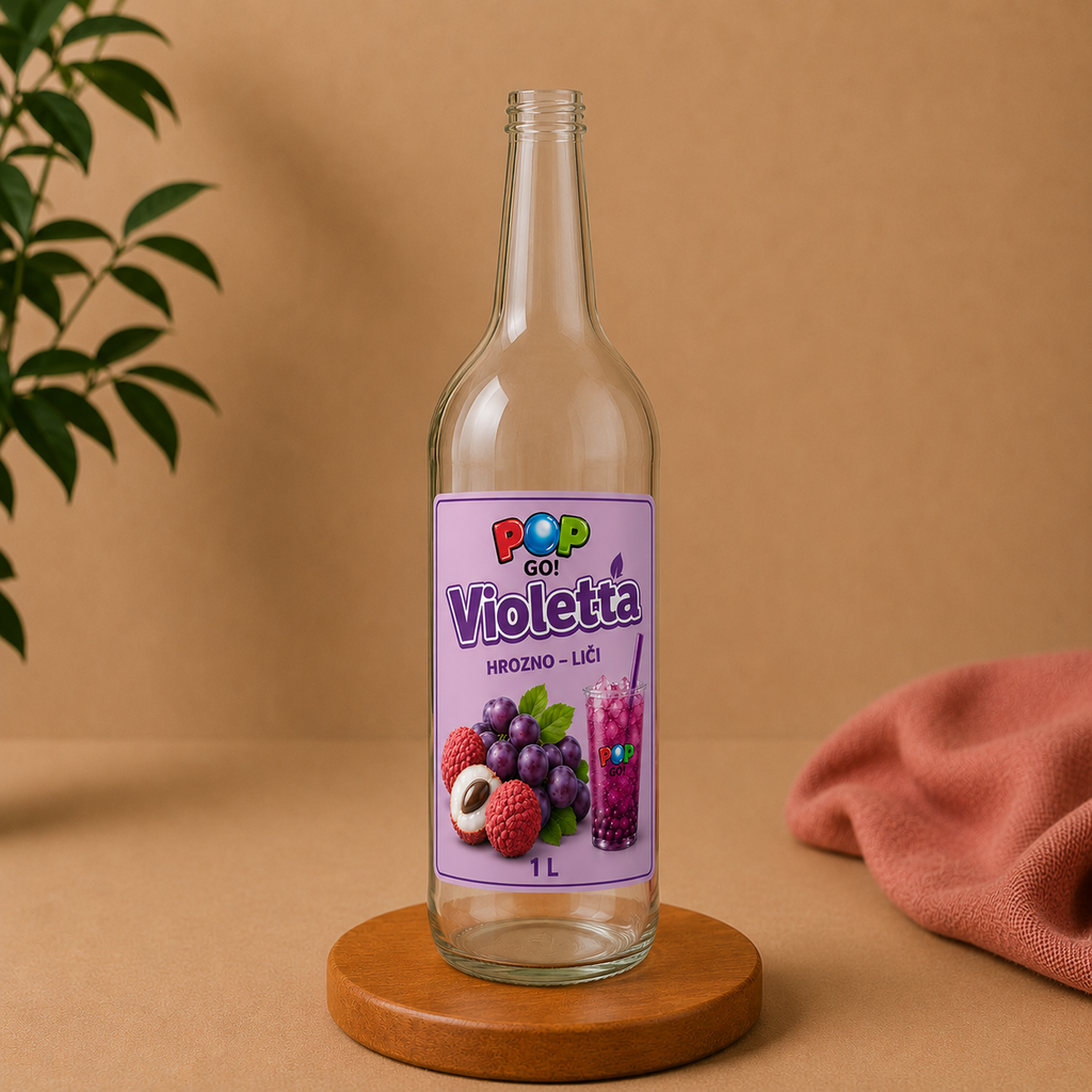 Sklenená fľaša 1000 ml s nálepkou VIOLETTA pre Bubble Tea koncentrát.
