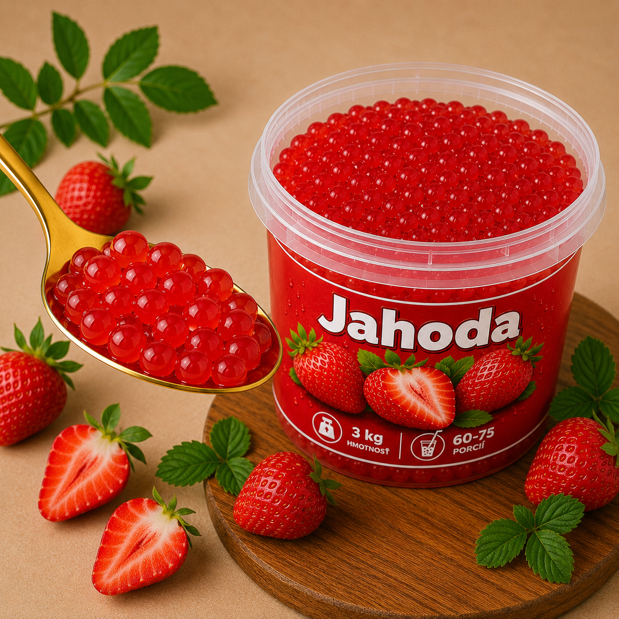 Praskajúce guličky Jahoda (Popping Boba) vhodné do Bubble Tea, limonád a dezertov.