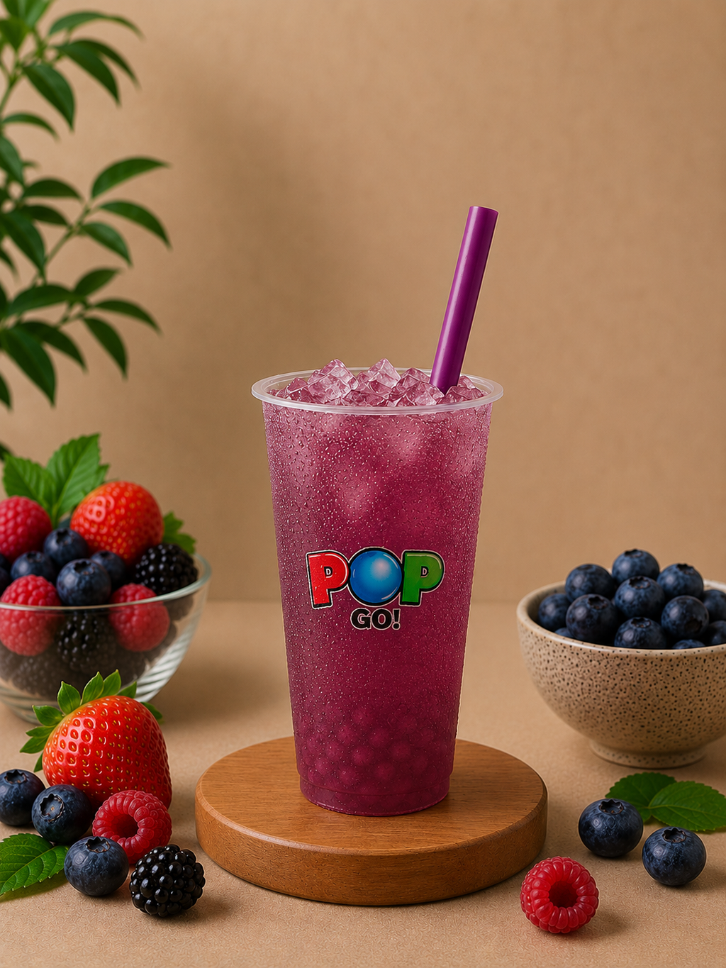Bubble Tea Violetta s príchuťou hrozna a liči, podávaný s ľadom a praskajúcimi guličkami.