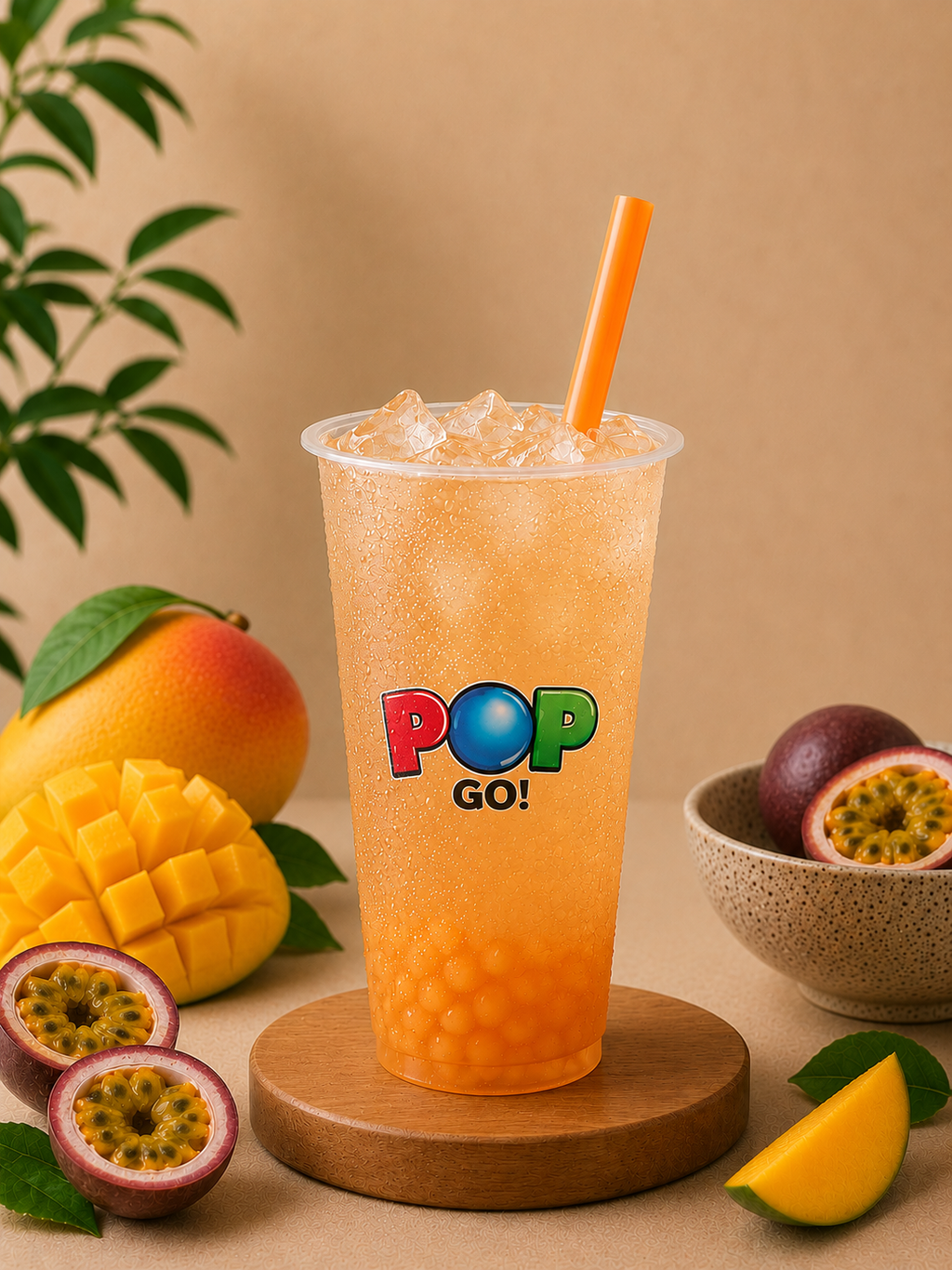 Bubble Tea Orangino s príchuťou manga a marakuje, podávaný s ľadom a praskajúcimi guličkami.