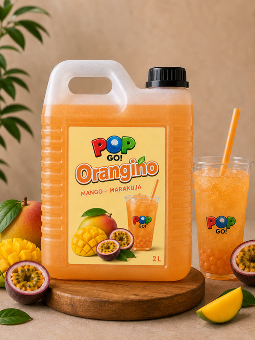 Sirupový koncentrát Orangino 2 l pre Bubble Tea s príchuťou manga a marakuje.