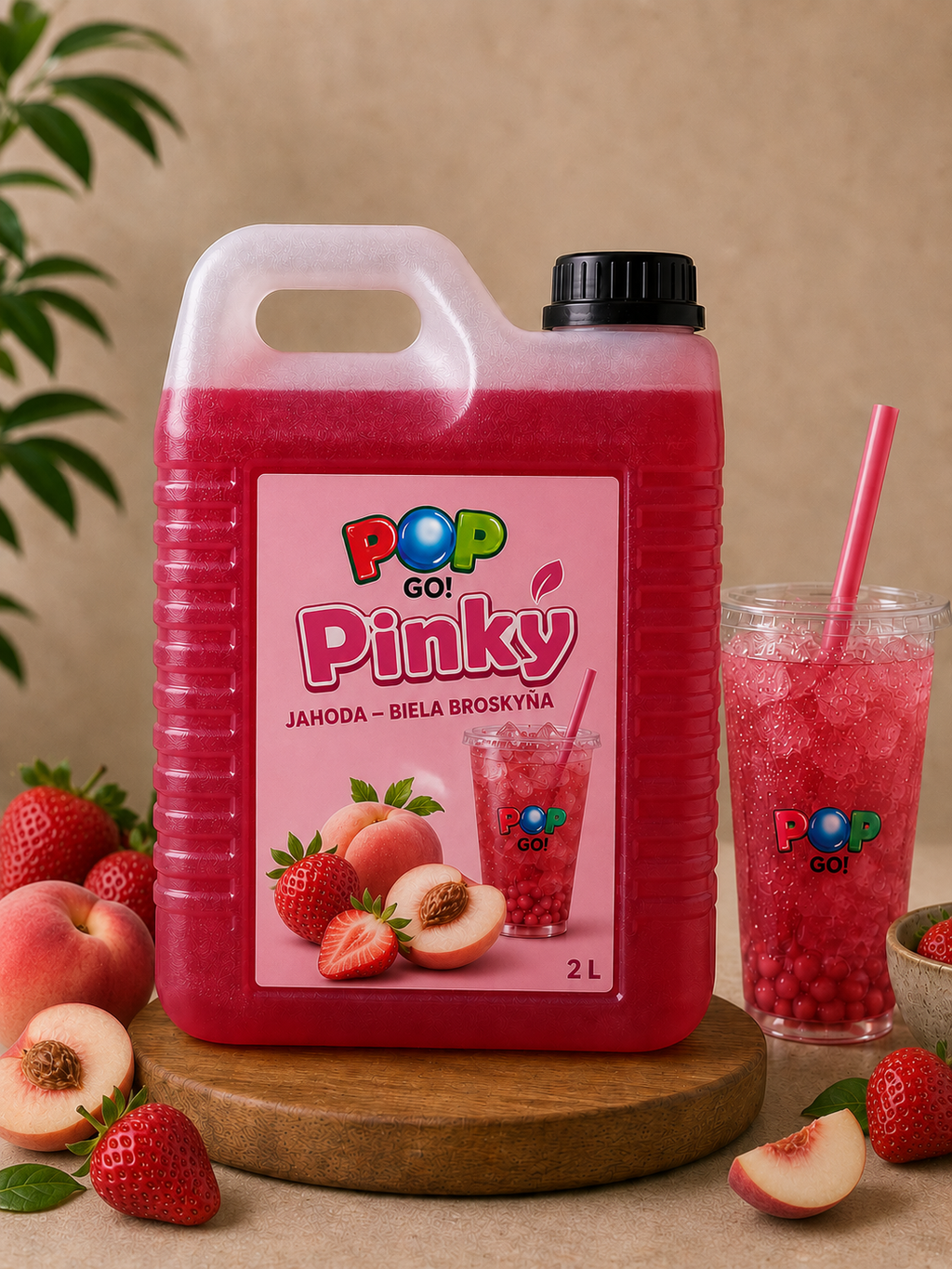 Sirupový koncentrát Pinky 2 l pre Bubble Tea s príchuťou jahody a liči.