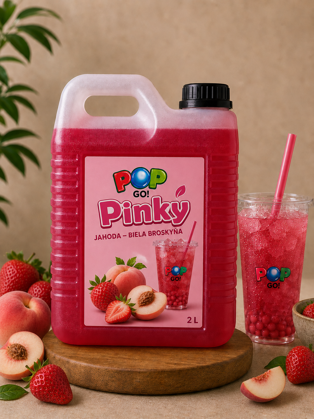 Sirupový koncentrát Pinky 2 l pre Bubble Tea s príchuťou jahody a liči.