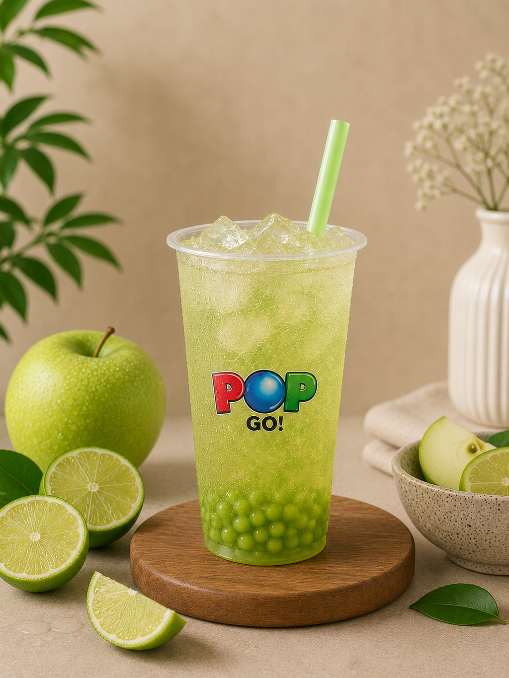 Bubble Tea Refresher s príchuťou jablka a limetky, podávaný s ľadom a praskajúcimi guličkami.