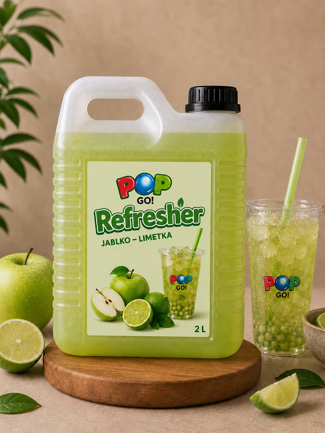 Sirupový koncentrát Refresher 2 l pre Bubble Tea s príchuťou jablka a limetky.