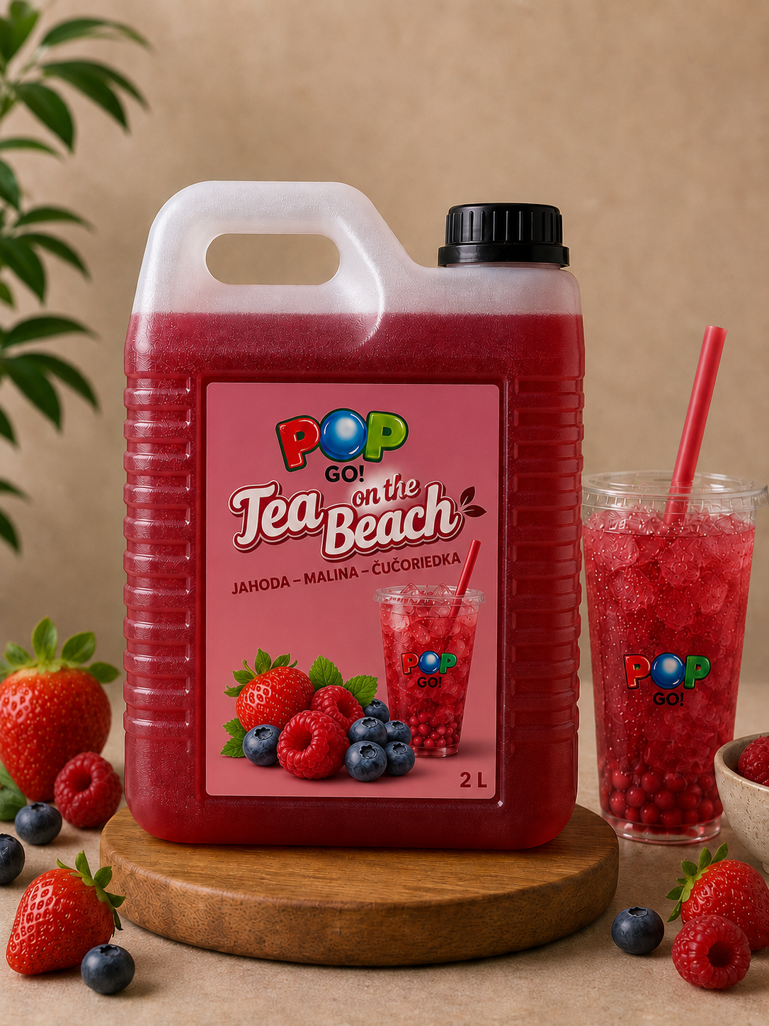 Bubble Tea koncentrát Tea on the Beach 2 l s príchuťou jahoda, malina a čučoriedka.