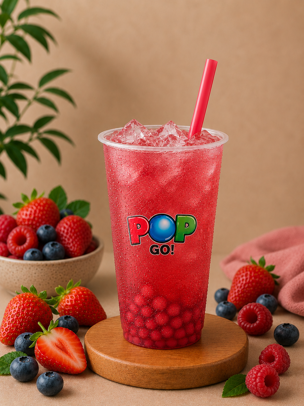 Bubble Tea nápoj Tea on the Beach s príchuťou jahody, maliny a čučoriedky s praskajúcimi guličkami.