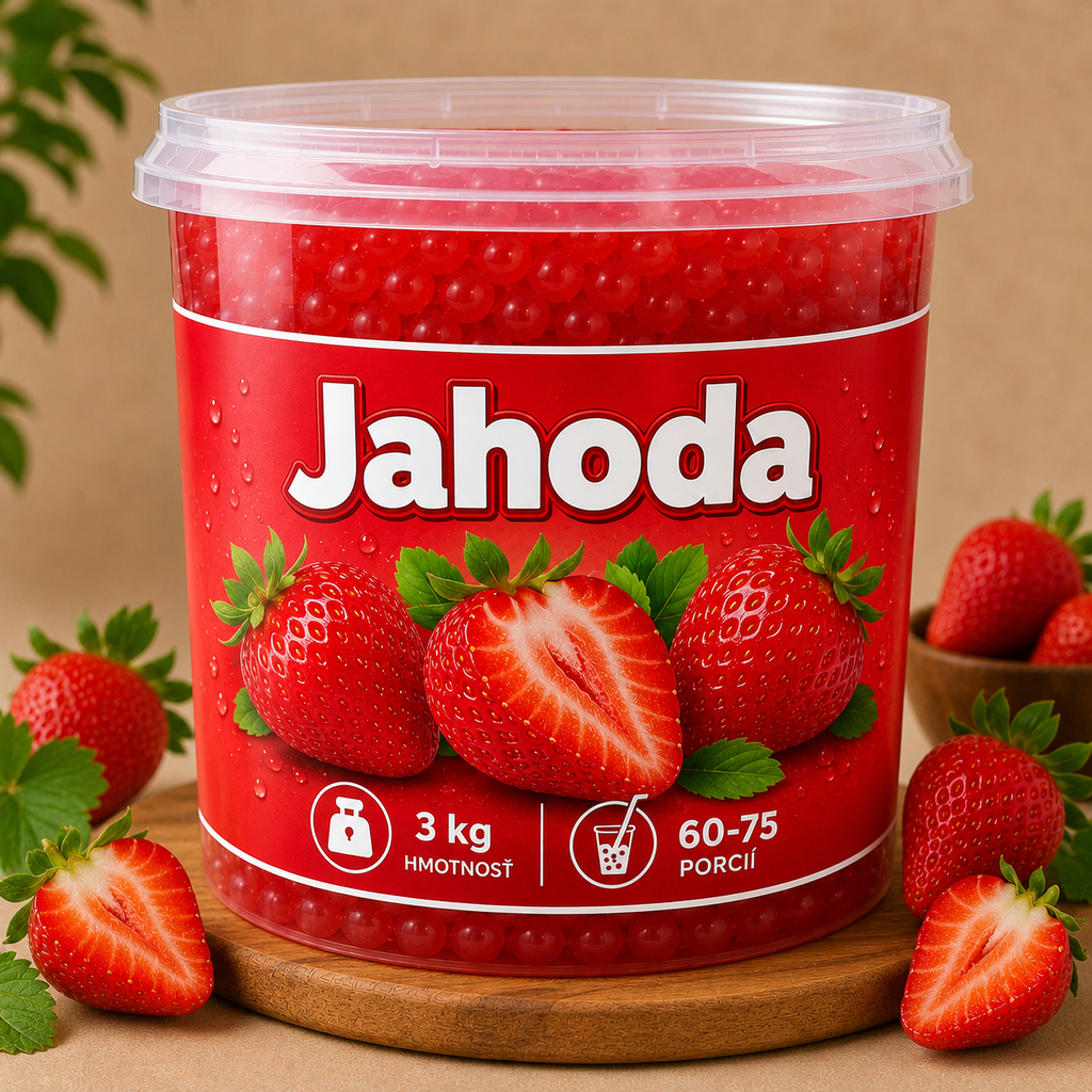 Praskajúce guličky Jahoda do Bubble Tea s ovocnou náplňou a chuťou jahody.