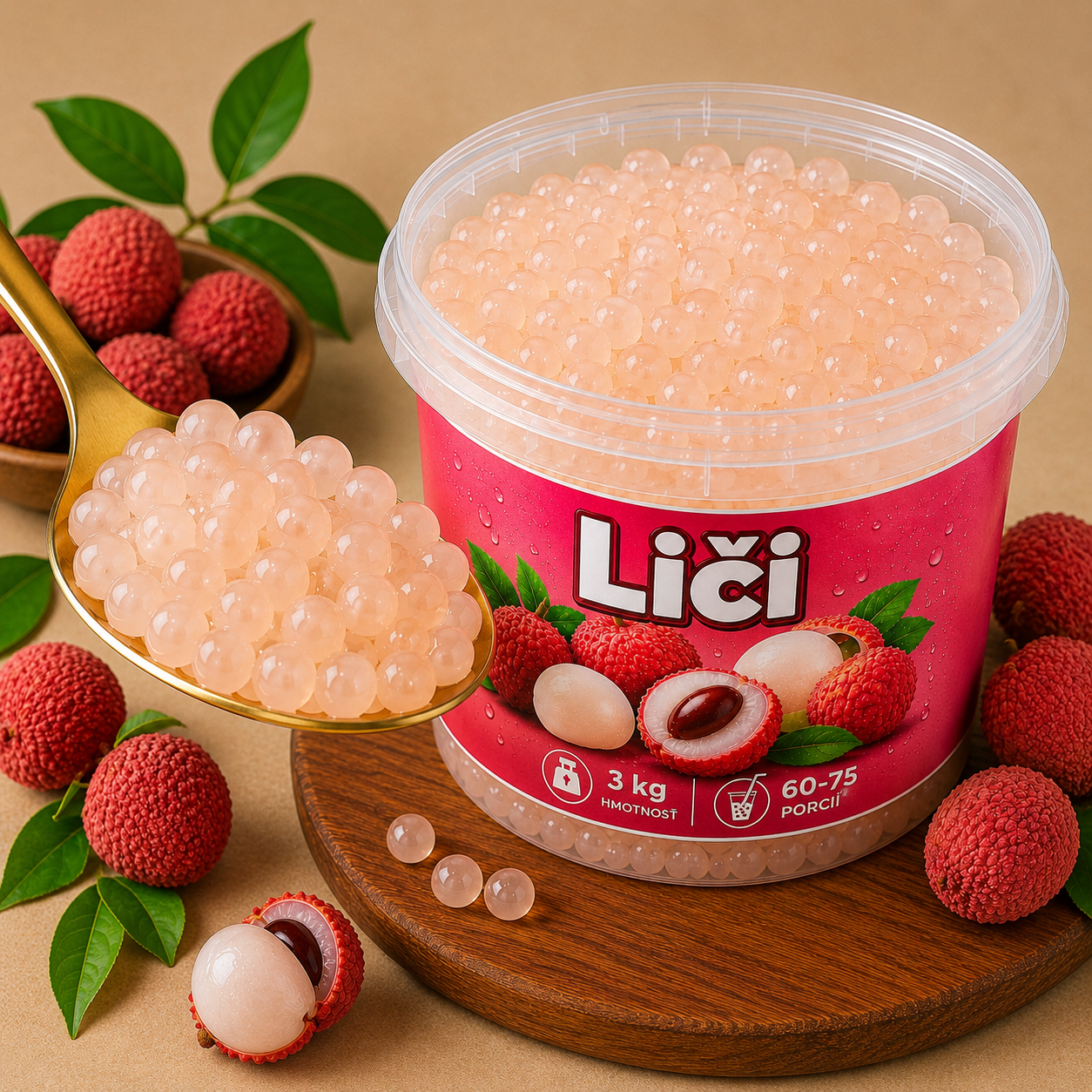 Praskajúce guličky Liči (Popping Boba) vhodné do Bubble Tea, limonád a dezertov.
